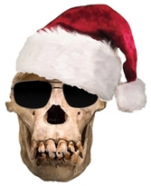 A chimp skull wearing a santa hat. Really.